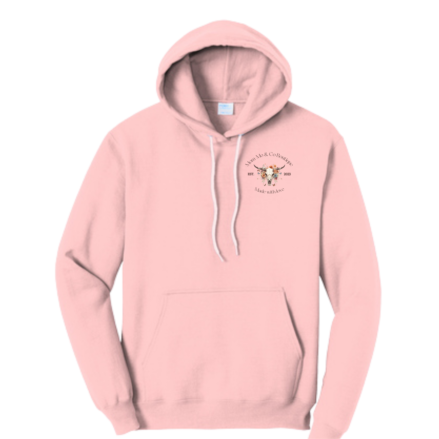 Brown logo on pink Mom-Mo hoodie