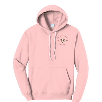 Brown logo on pink Mom-Mo hoodie