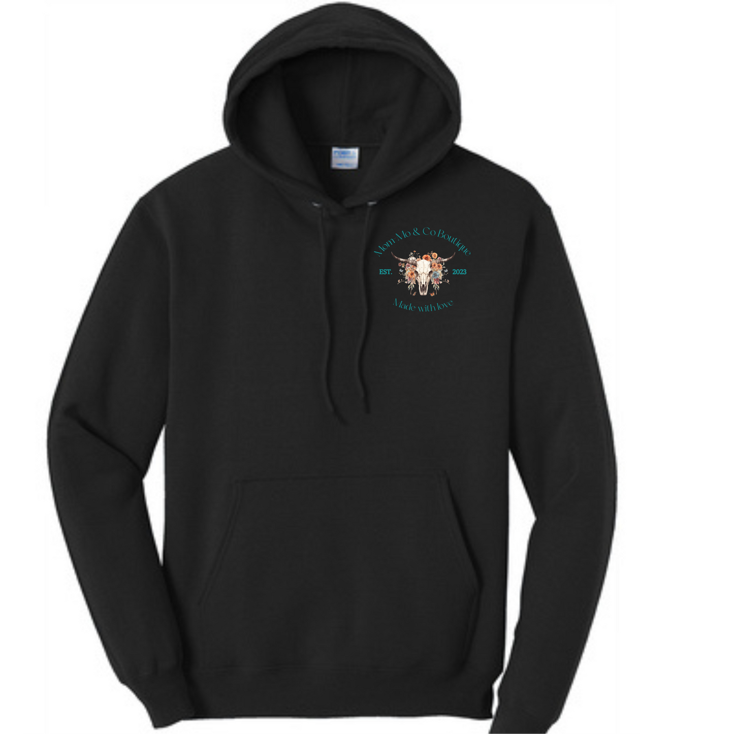 Teal logo on black Mom-Mo hoodie