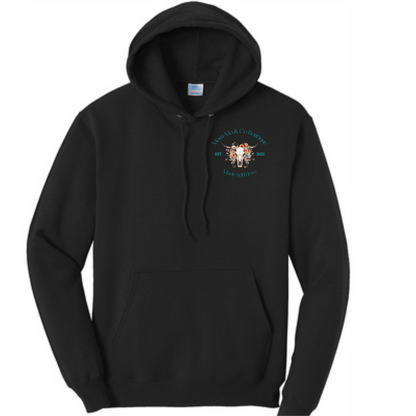 Teal logo on black Mom-Mo hoodie