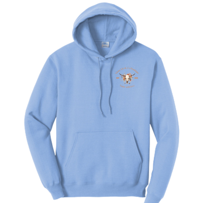 Orange logo on blue Mom-Mo hoodie