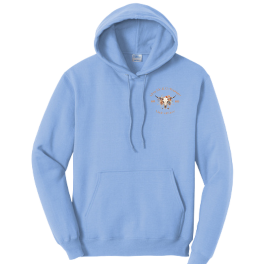 Orange logo on blue Mom-Mo hoodie