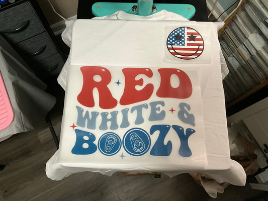 Red white and boozy t-shirt ( large back design - small front design)