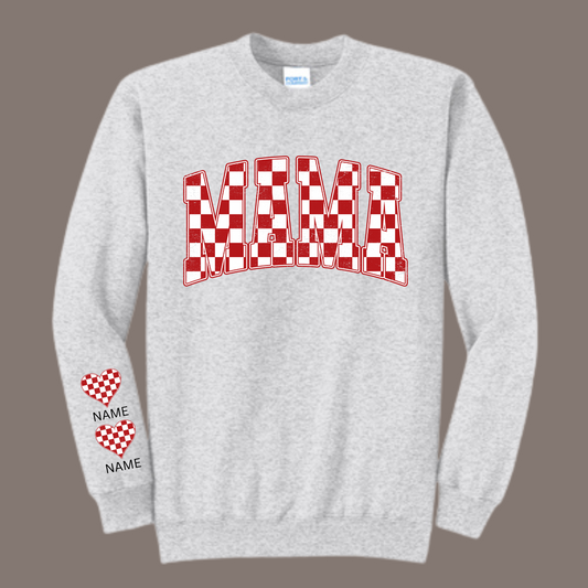 Red and white Checkered MAMA (crewneck) custom names on sleeve