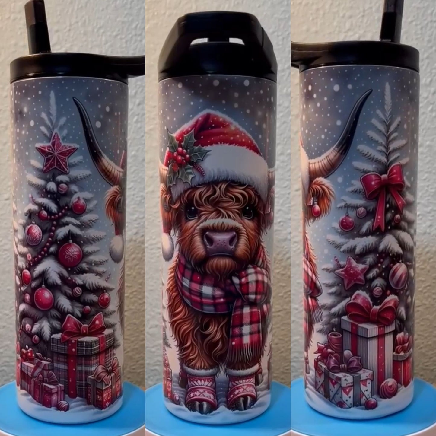 (Dark pink) Christmas highland cow tumbler