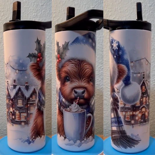 Blue Christmas highland cow tumbler